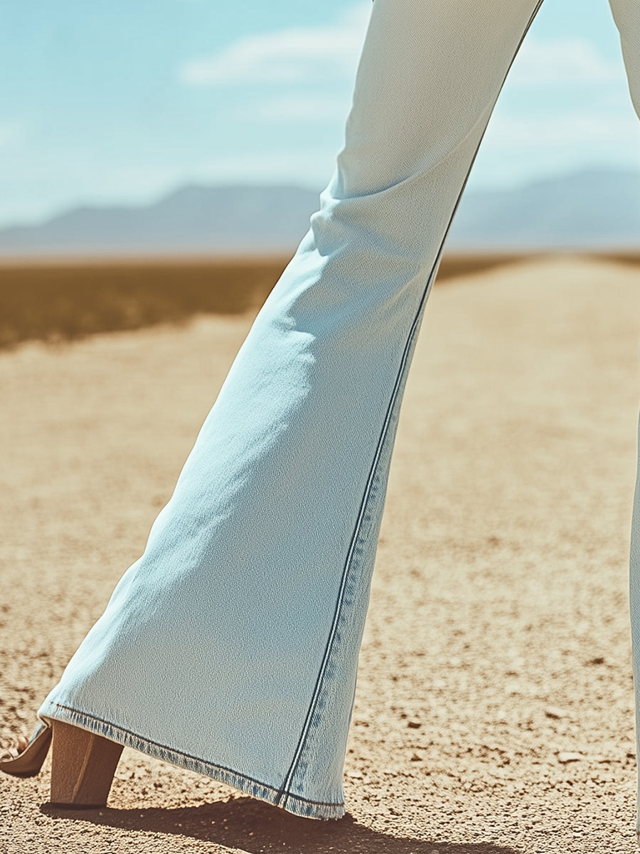 Vintage Back Pocket Star Embroidery Denim Flared Pants - By Qivii