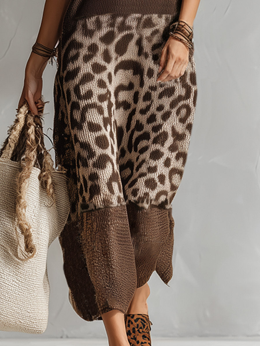 Elegant Brown Leopard Print Mesh Breathable Knit Sleeveless Maxi Dress - By Qivii