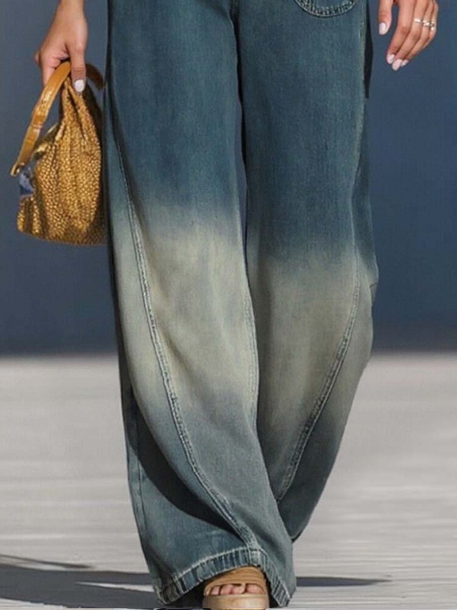 Casual Fashion Gradient Washed Denim Blue Gray Loose Pants - By Qivii