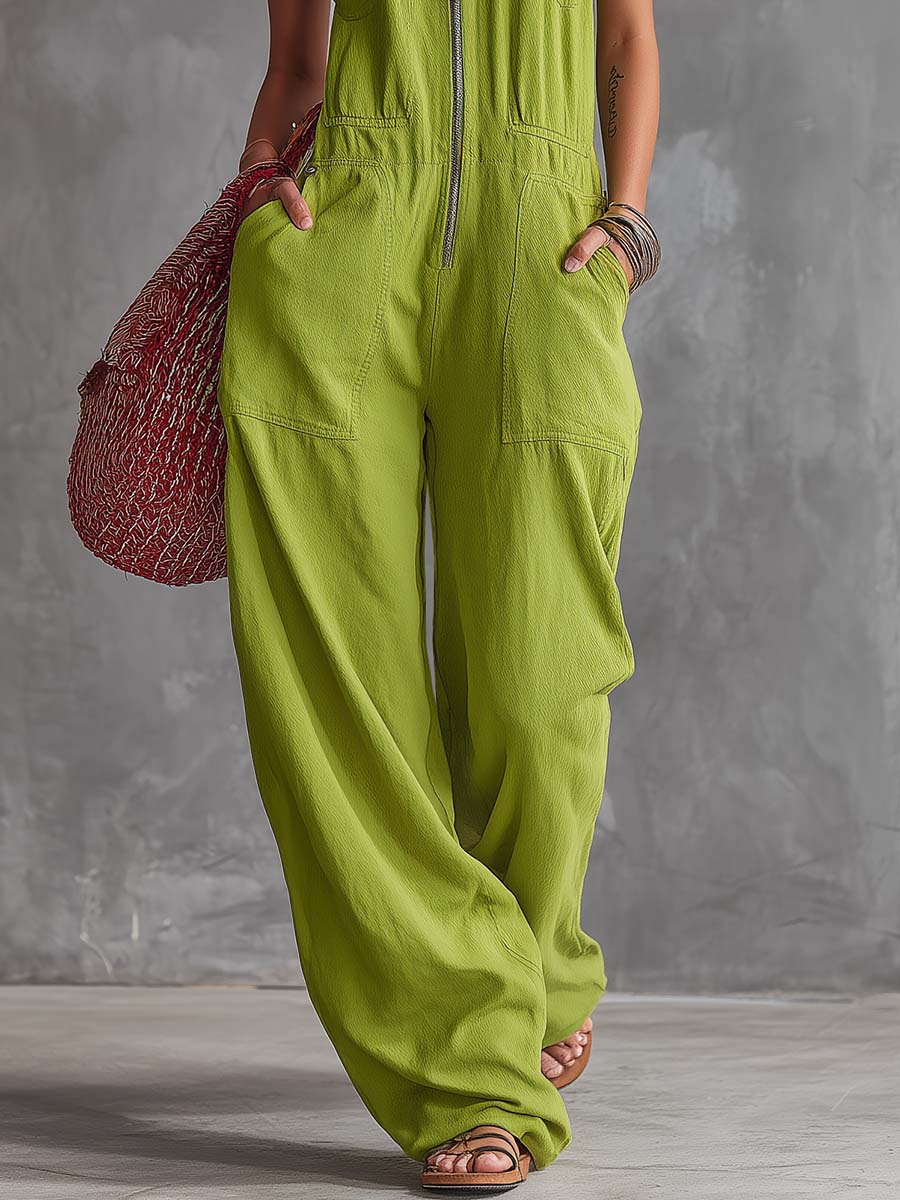 Casual Retro Western Collar Front Zipper Bright Green Cotton Linen Jumpsuit - By Qivii