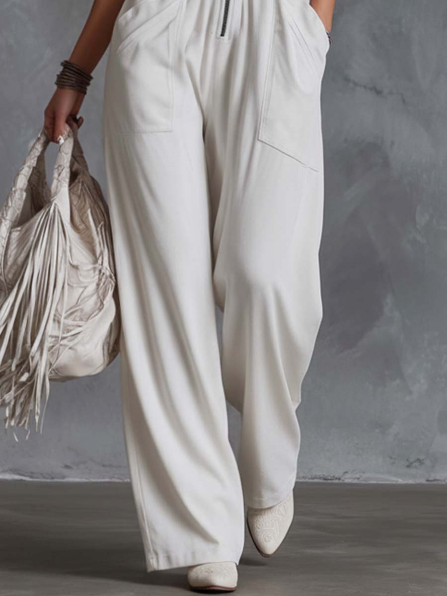 Casual Retro Western V-Neck And Fringe White Faux Suede Jumpsuit - By Qivii