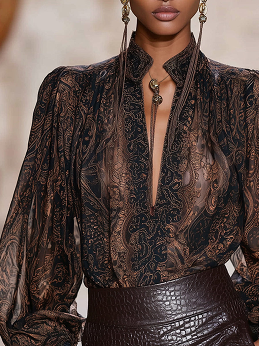 Premium Printed V-Neck Mocha Brown Printed Long Sleeve Shirt - By Qivii