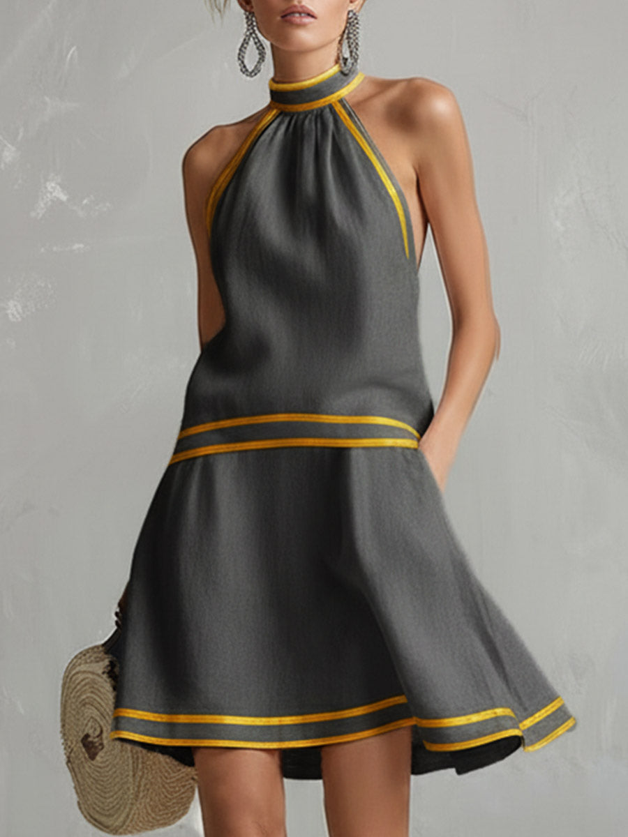 Elegant Color-Block Trim Orange Cotton-Linen Halter Sleeveless Mini Dress - By Qivii