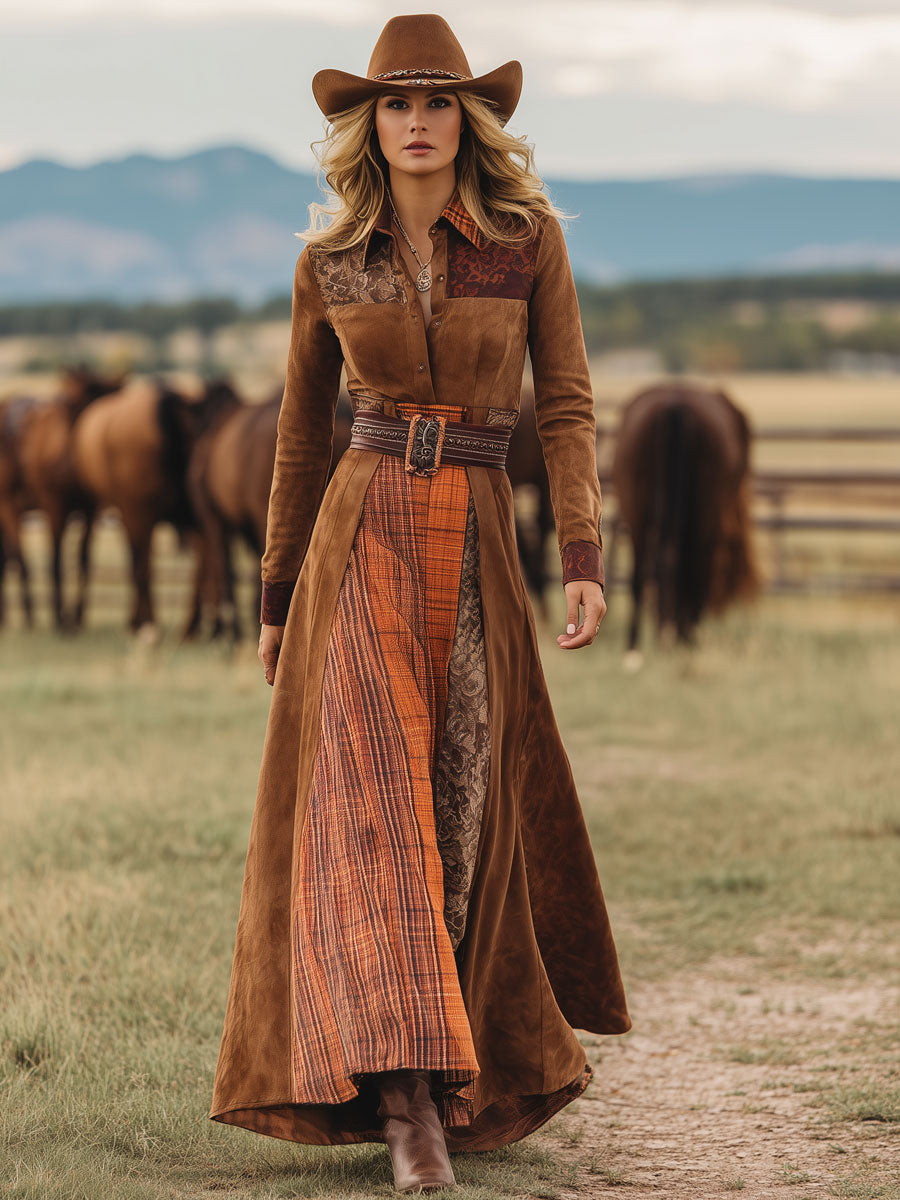 Western Retro Lace-Up Plaid Patchwork Caramel Faux Suede Maxi Dress - By Qivii