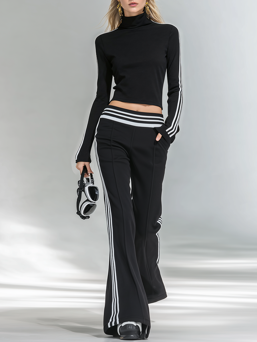 Sporty And Stylish Stand-up Collar T-shirt And Flared Pants Set - By Qivii
