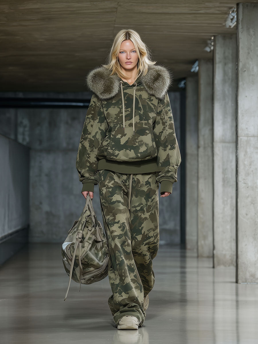 Casual And Fashionable Camouflage Print Faux Fur Collar Sweatshirt And Wide-leg Pants Suit - By Qivii