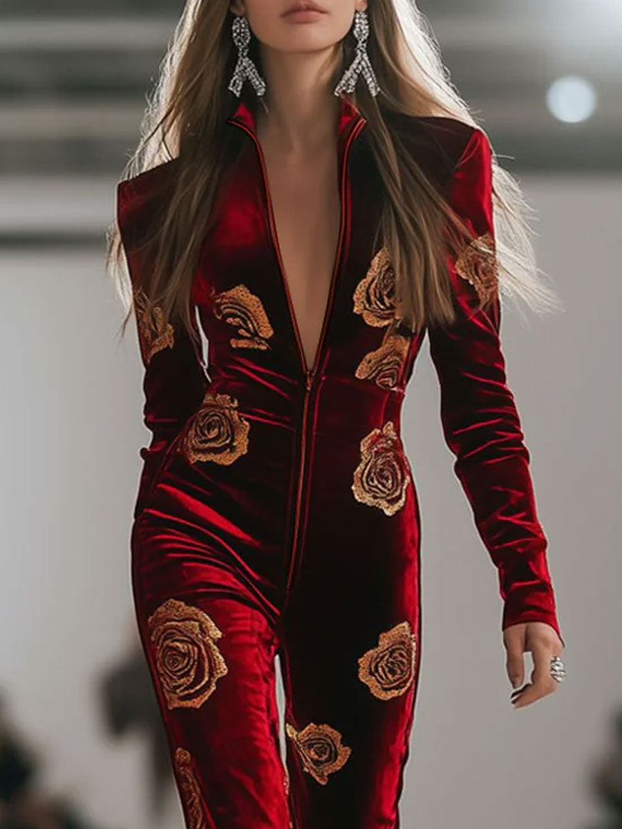 Casual Loose Retro Red Velvet Gold Rose Printed Zipper Long Sleeve Jumpsuit - By Qivii