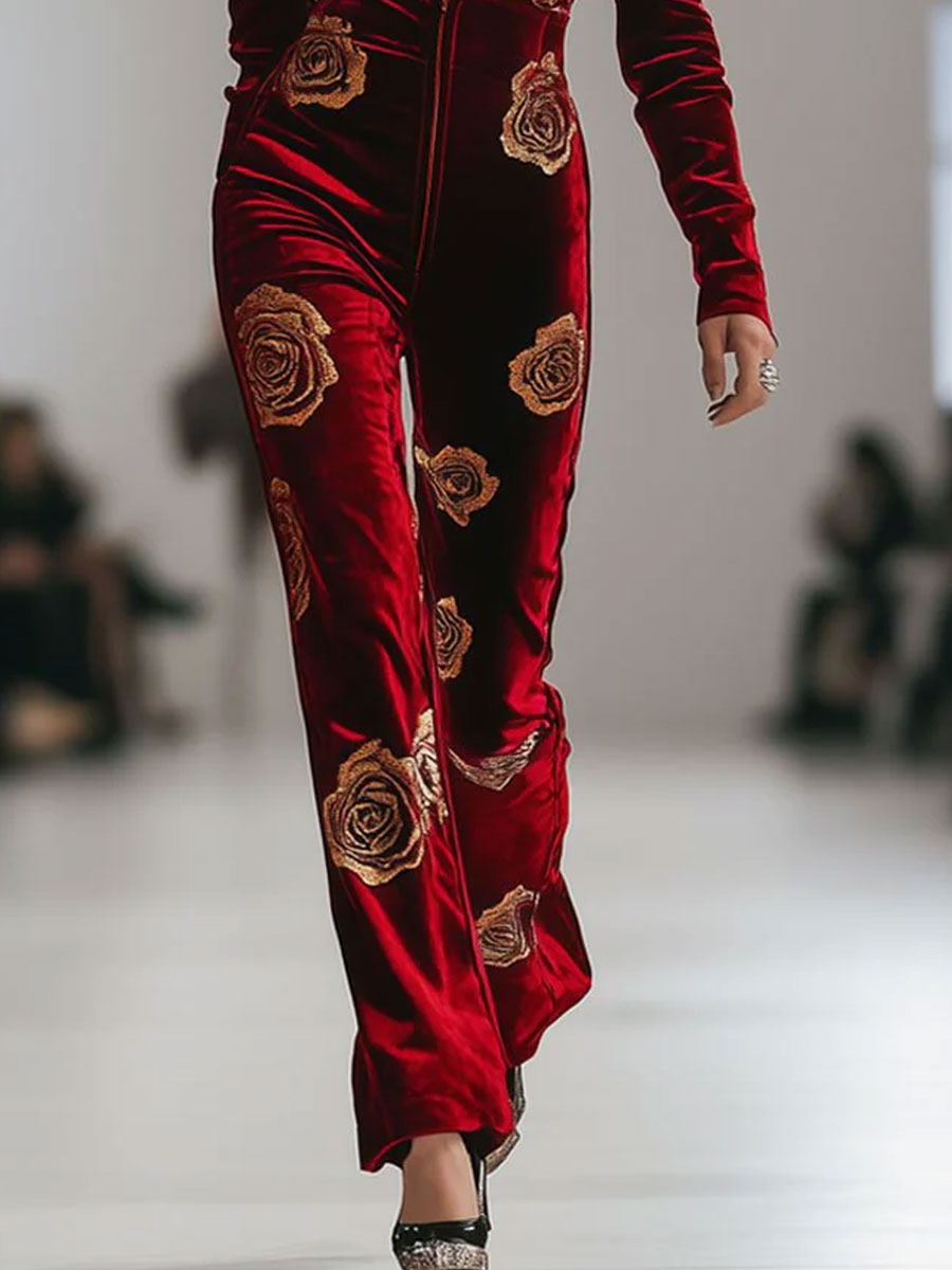 Casual Loose Retro Red Velvet Gold Rose Printed Zipper Long Sleeve Jumpsuit - By Qivii
