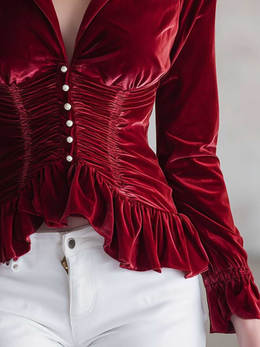 Fashionable Retro Red Velvet Pleated Ruffled Long-sleeved Shirt - By Qivii
