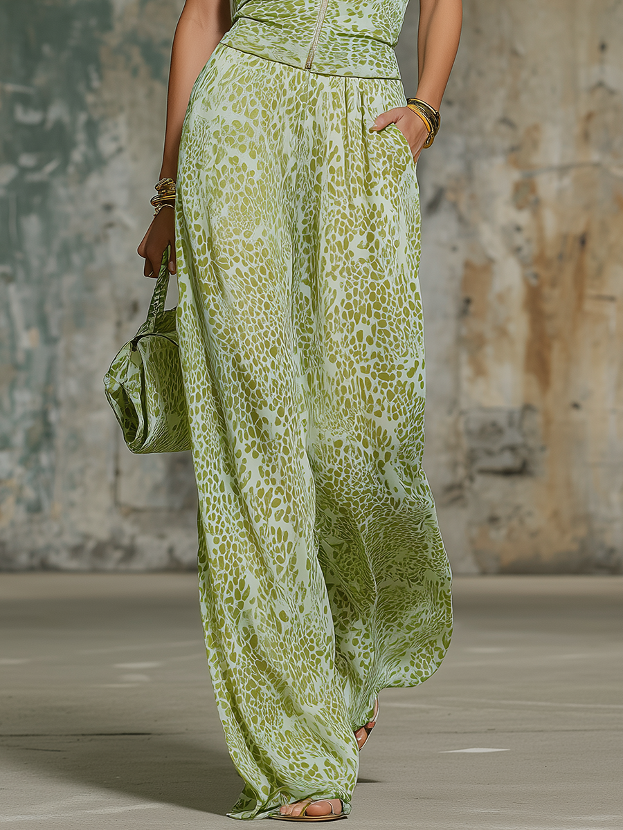 Retro Elegant Leopard Print Lapel Sleeveless Chiffon Top And Wide-leg Pants Set - By Qivii
