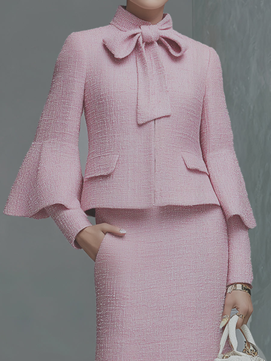 Elegant Neckline Bow Tie Trumpet Sleeve Jacket Skirt Tweed Set - By Qivii