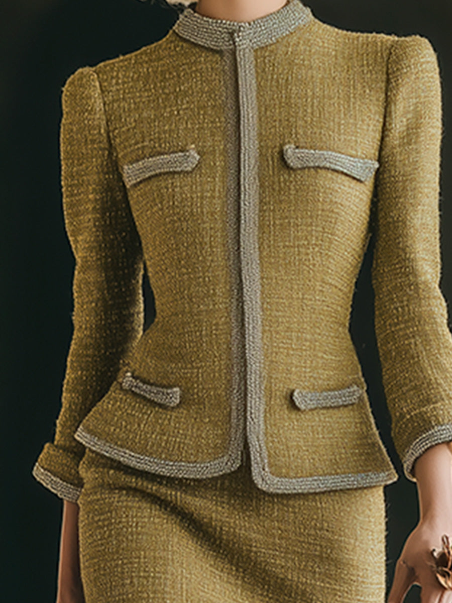 Exquisite Vintage Light Gold Tweed Jacket And Skirt Set - By Qivii