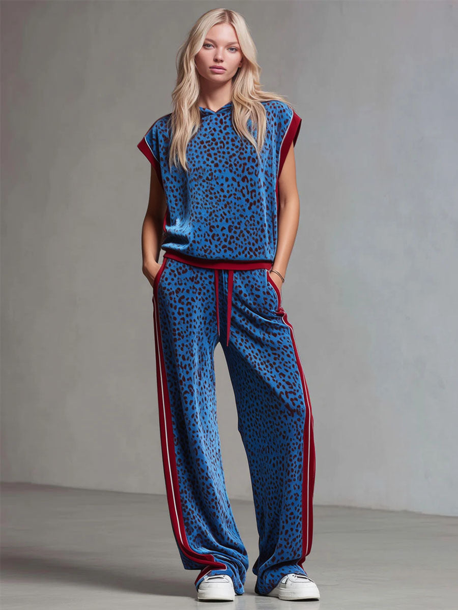 Leopard Print Hooded Sleeveless Top And Velvet Trousers Set - By Qivii