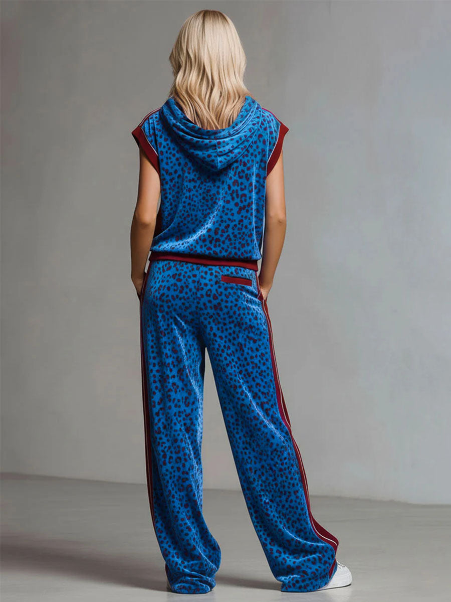Leopard Print Hooded Sleeveless Top And Velvet Trousers Set - By Qivii