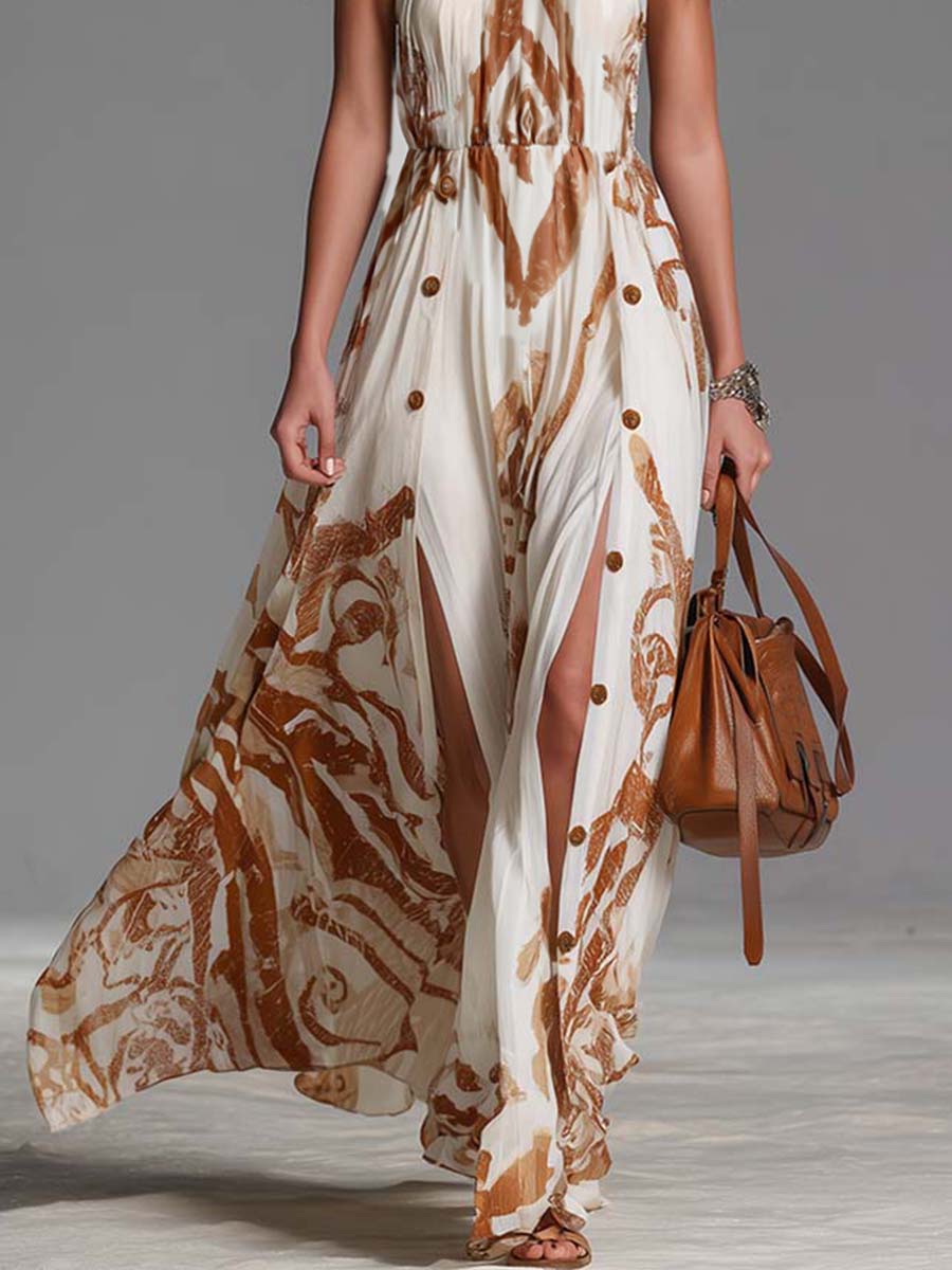 Vintage Bohemia Halter Neck Brown Western Print Off White Chiffon Split Maxi Dress - By Qivii