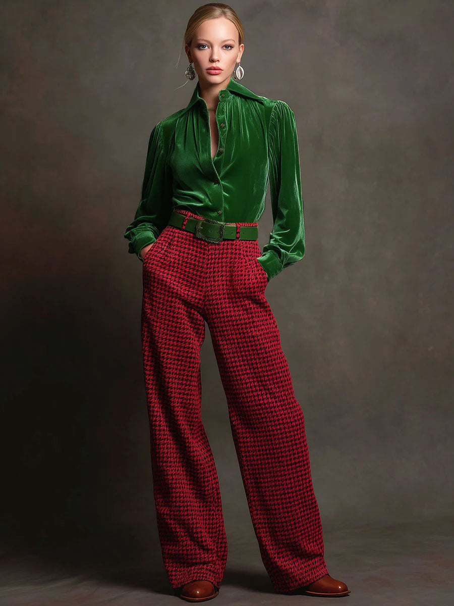 Retro Green Velvet Pleated Long-sleeved Shirt And Houndstooth Wide-leg Pants Set - By Qivii