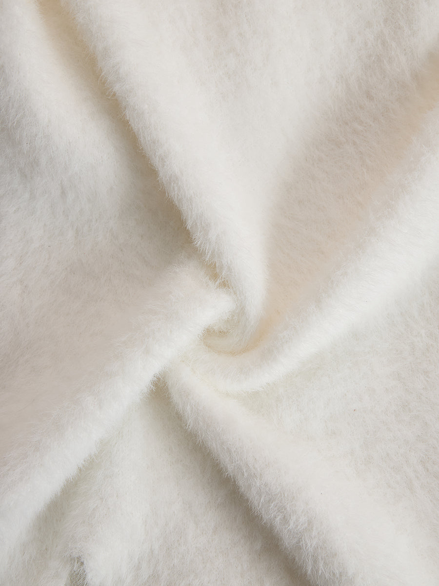 White Mohair V-neck Button Imitation Ostrich Feather Midi Dress - By Qivii