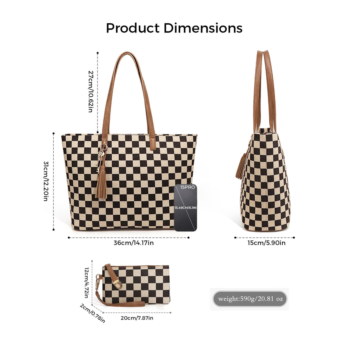 Ounamei Checkered Tote Bag for Women | Large Laptop Work Bag with Matching Pouch, Top Handle & Shoulder Carry