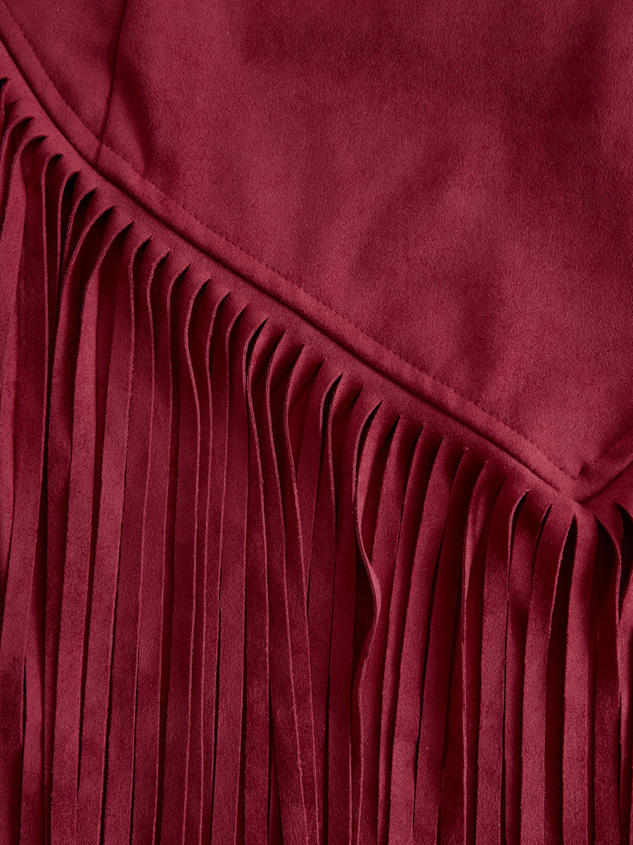 Western Retro Red Faux Suede Slit Fringe Midi Skirt - By Qivii