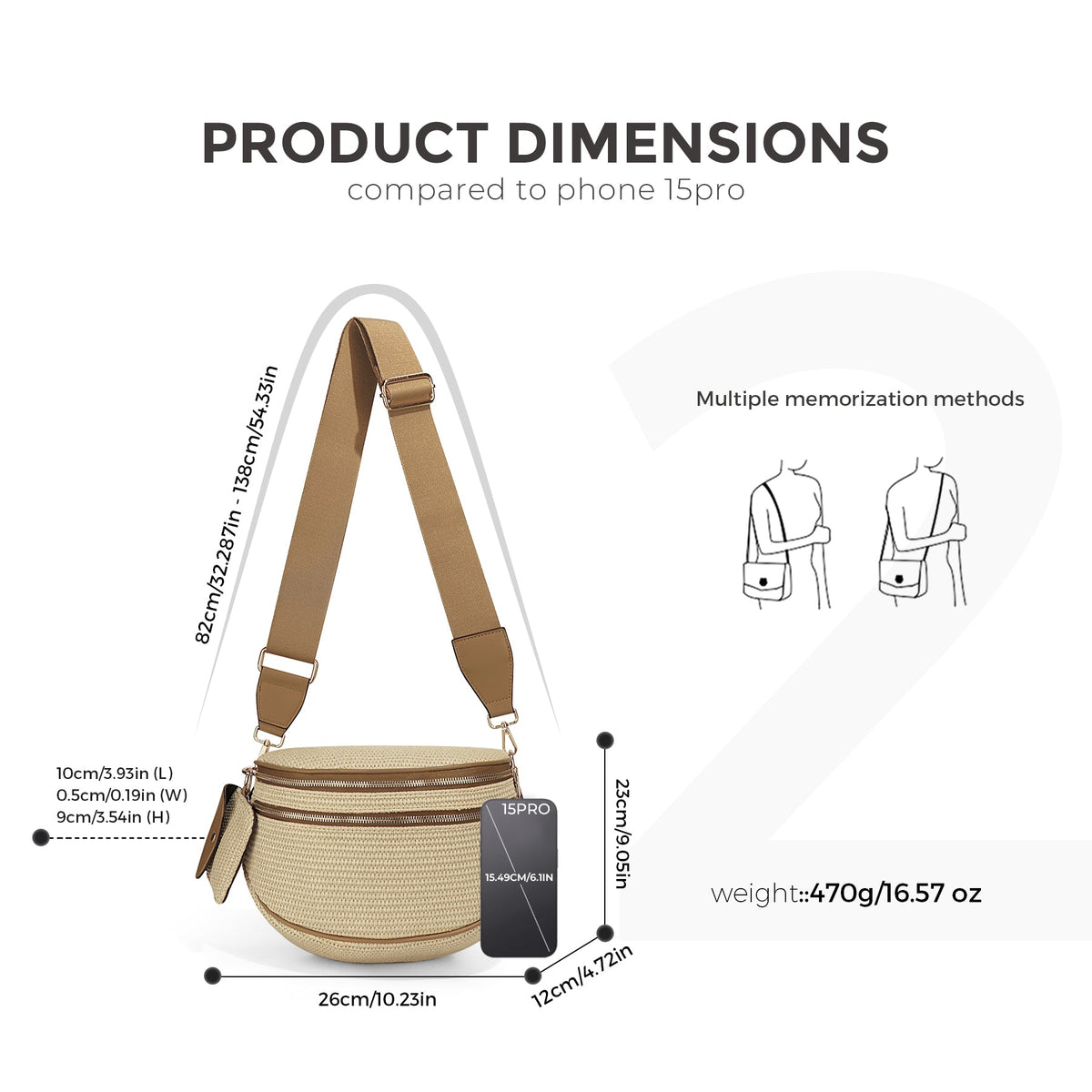 Ounamei Woven Straw Crossbody Bum Bag for Women Large Capacity Summer Belt Bag with Mini Pouch