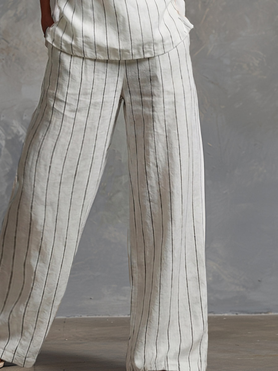 Classic Striped White Cotton Sleeveless Top And Wide-leg Pants Set - By Qivii