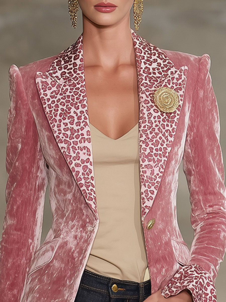Lapel Contrast Leopard Print Velvet Blazer - By Qivii