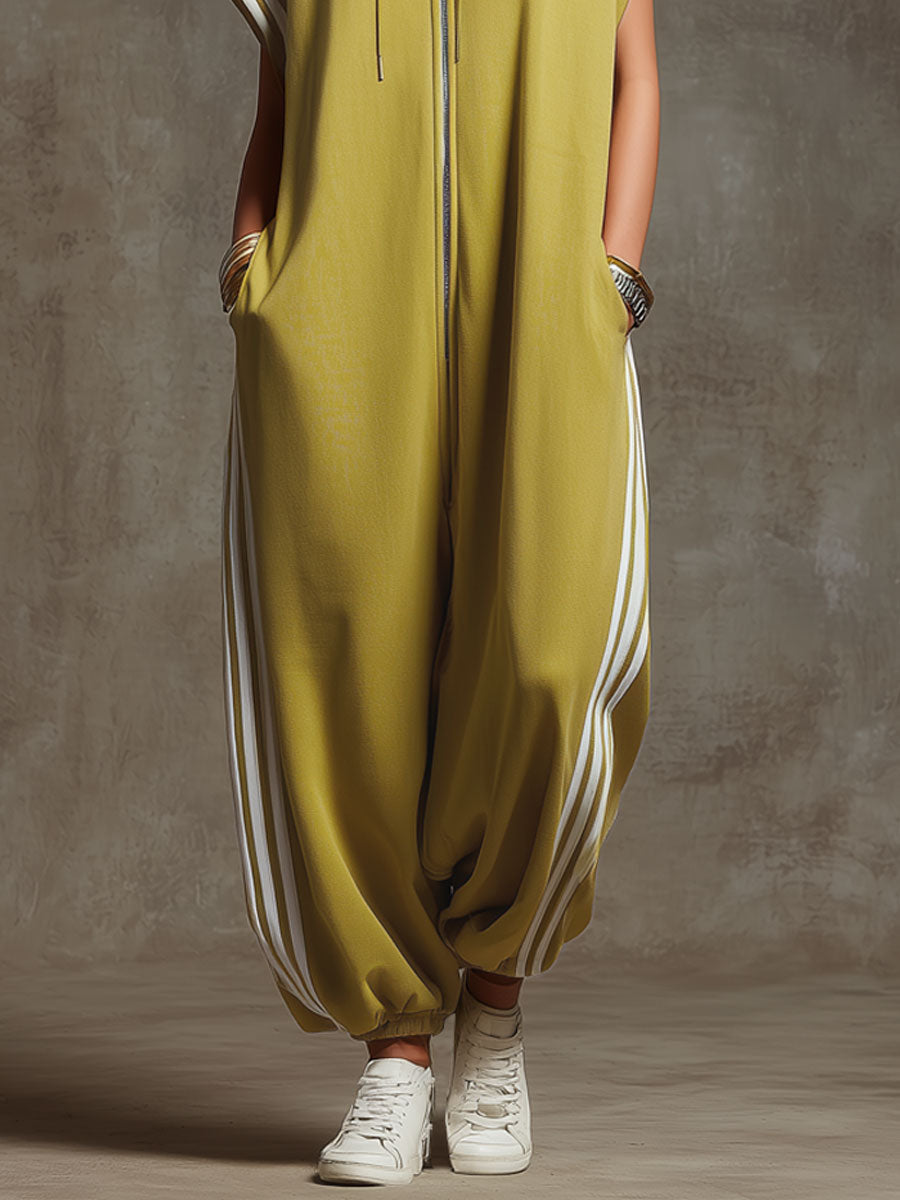 Casual Sports White Webbing Yellow-green Sleeveless Jumpsuit - By Qivii