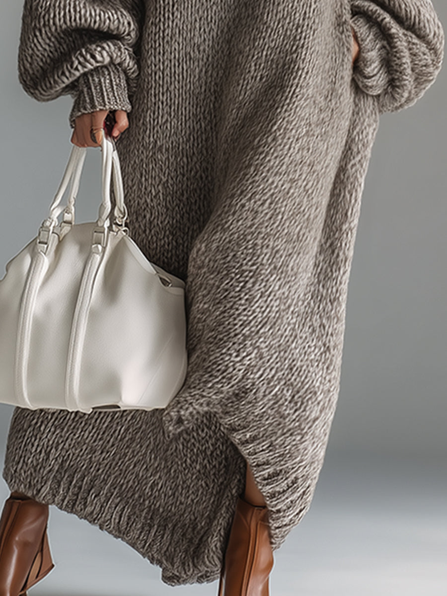 Elegant Urban Silhouette Round Neck Heathered Khaki Knitted Maxi Dress - By Qivii