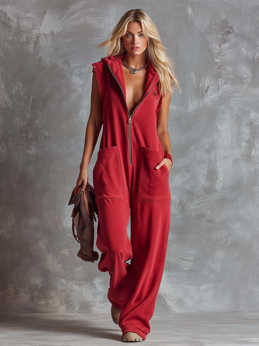 Retro Fashiona Sporty Hooded V-neck Front Zipper Raspberry Red Cotton Jumpsuit - By Qivii