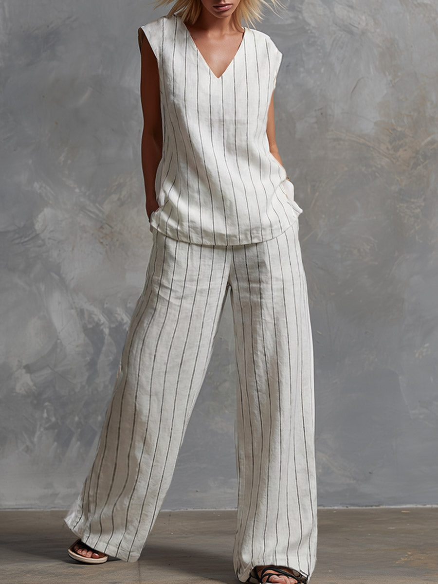 Classic Striped White Cotton Sleeveless Top And Wide-leg Pants Set - By Qivii