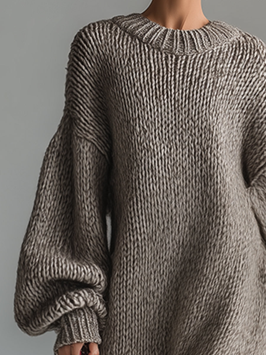 Elegant Urban Silhouette Round Neck Heathered Khaki Knitted Maxi Dress - By Qivii