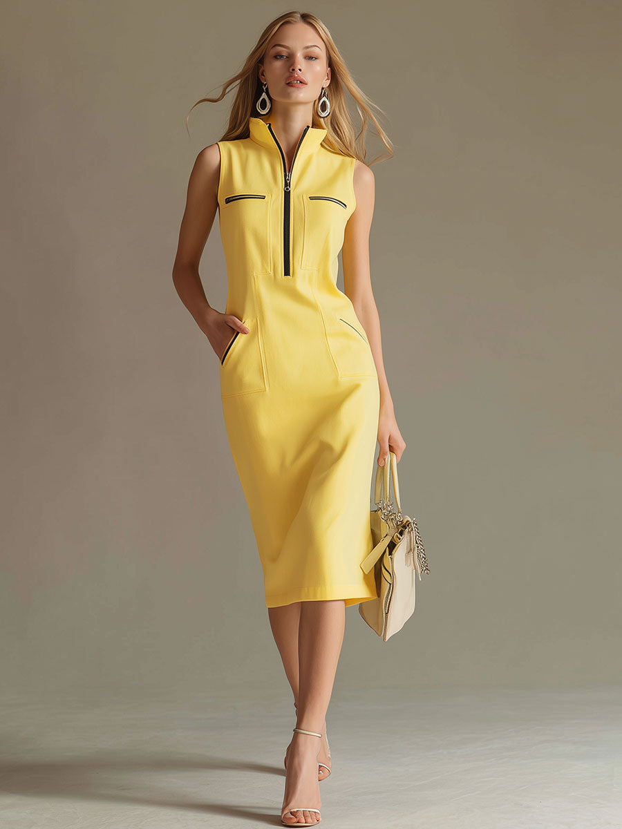 Stylish And Casual Yellow Stand-up Collar Sleeveless Midi Dress - By Qivii