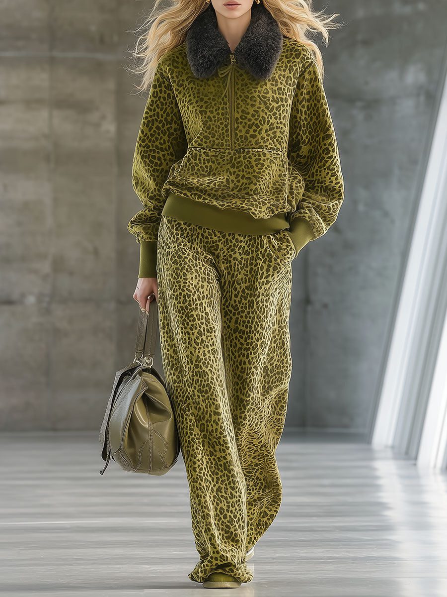 High-end Fashionable Leopard Print Velvet Faux Fur Collar Sweatshirt Wide-leg Pants Suit - By Qivii