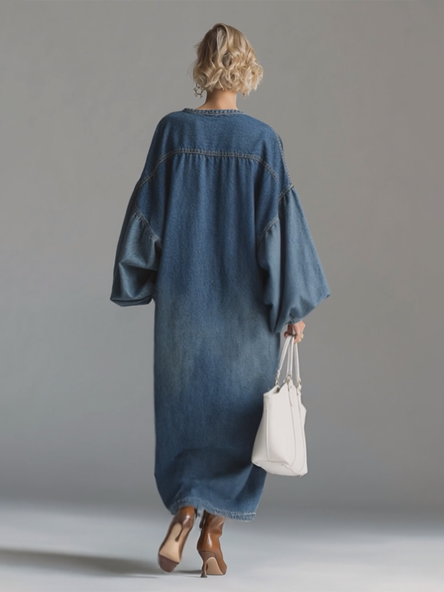 Elegant Urban-style Blue Denim Button-down Maxi Dress - By Qivii