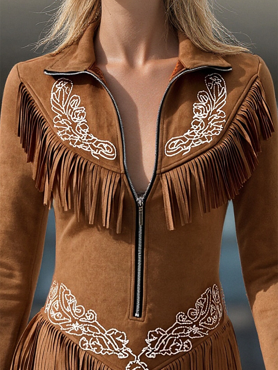 Vintage Western Style Embroidered Tassel Long Sleeve Brown Suede Mini Dress - By Qivii