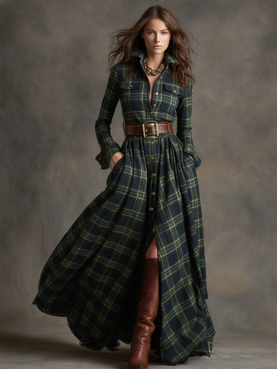 Retro Ethnic Style Lapel Reddish Brown Plaid Maxi Dress - By Qivii