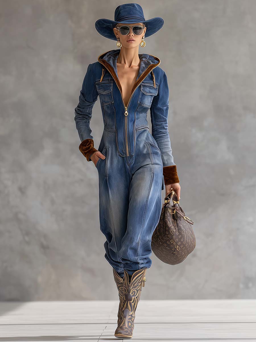 Vintage Casual Western Hooded V-neck Zipper Velvet Stitching Blue Denim Jumpsuit - By Qivii