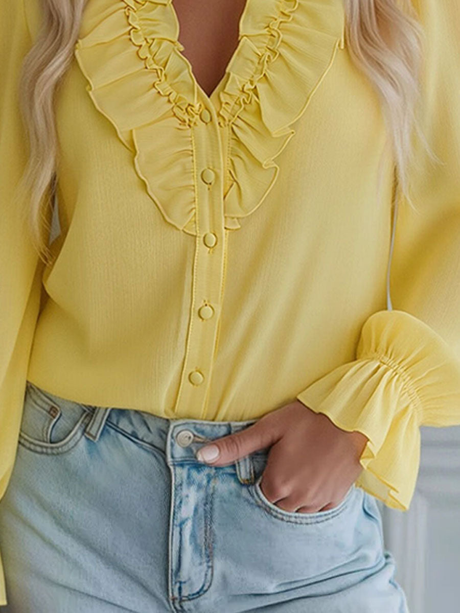 V-neck Chiffon Single-breasted Long-sleeved Shirt - By Qivii