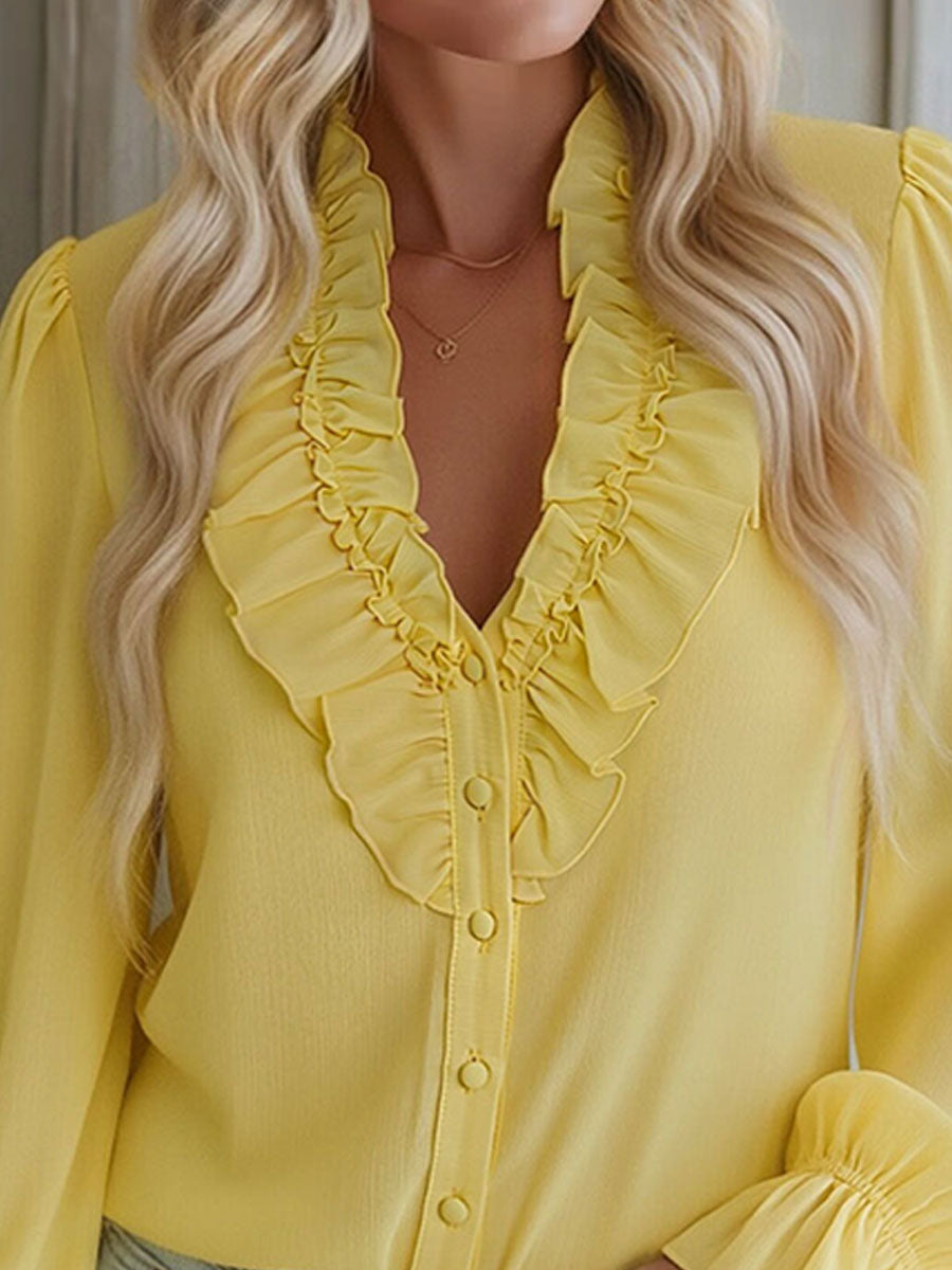 V-neck Chiffon Single-breasted Long-sleeved Shirt - By Qivii