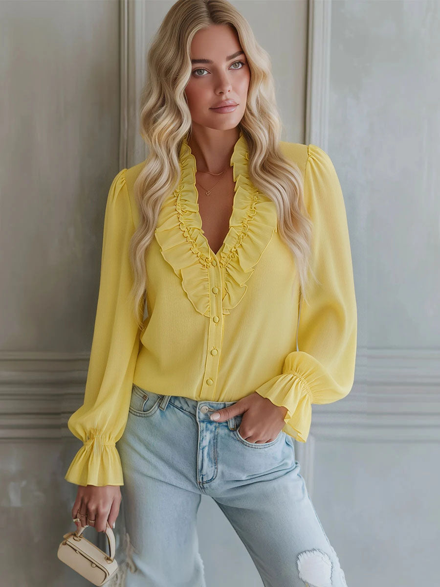 V-neck Chiffon Single-breasted Long-sleeved Shirt - By Qivii