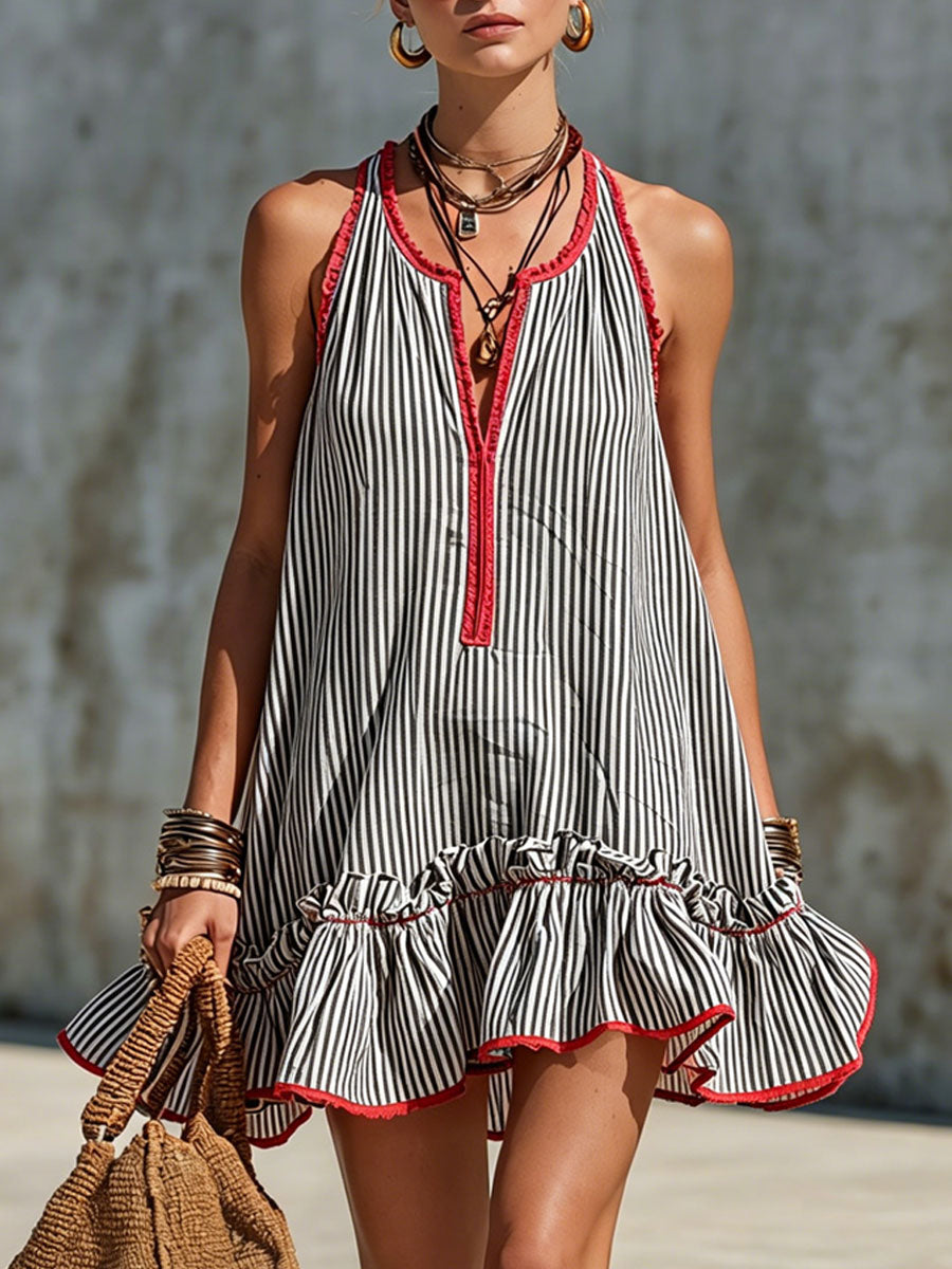 Casual Retro Ruffled Red And White Striped Cotton Linen Sleeveless Mini Dress - By Qivii
