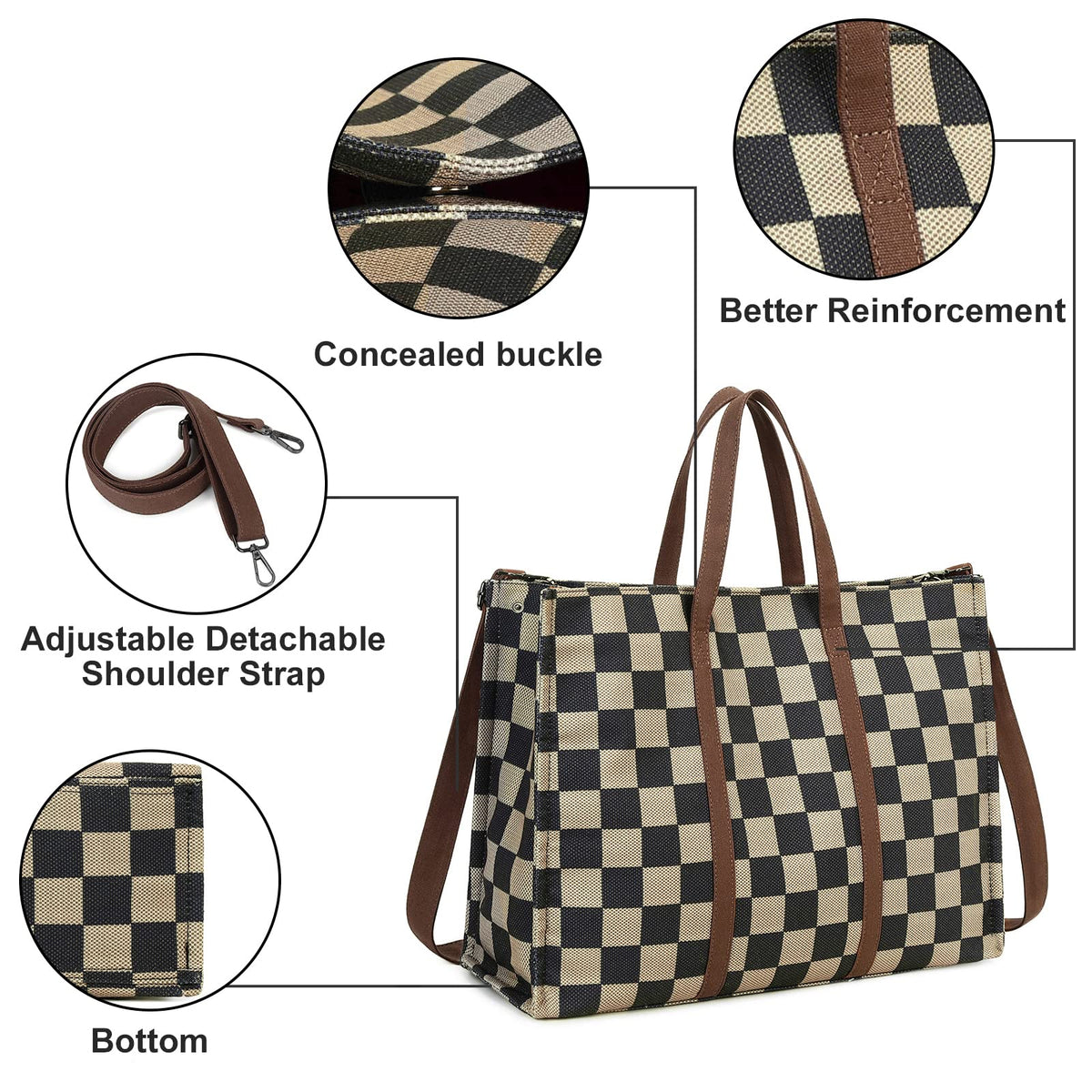 Ounamei Checkered Canvas Work Tote | Zippered Laptop Shoulder & Crossbody Bag (15.6–16”)