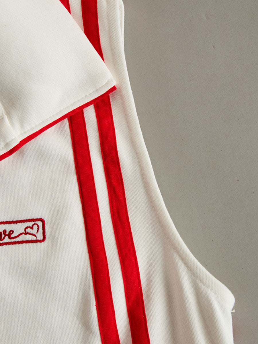 Sporty Retro Red Ribbon White Cotton Sleeveless Jumpsuit - By Qivii