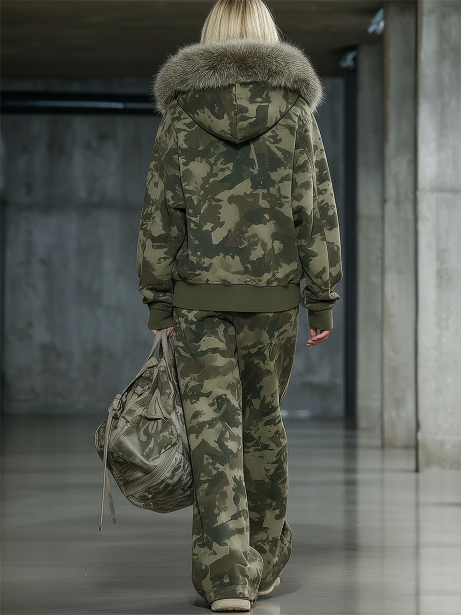 Casual And Fashionable Camouflage Print Faux Fur Collar Sweatshirt And Wide-leg Pants Suit - By Qivii