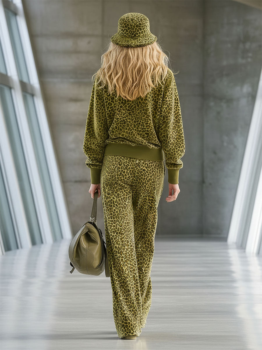 High-end Fashionable Leopard Print Velvet Faux Fur Collar Sweatshirt Wide-leg Pants Suit - By Qivii