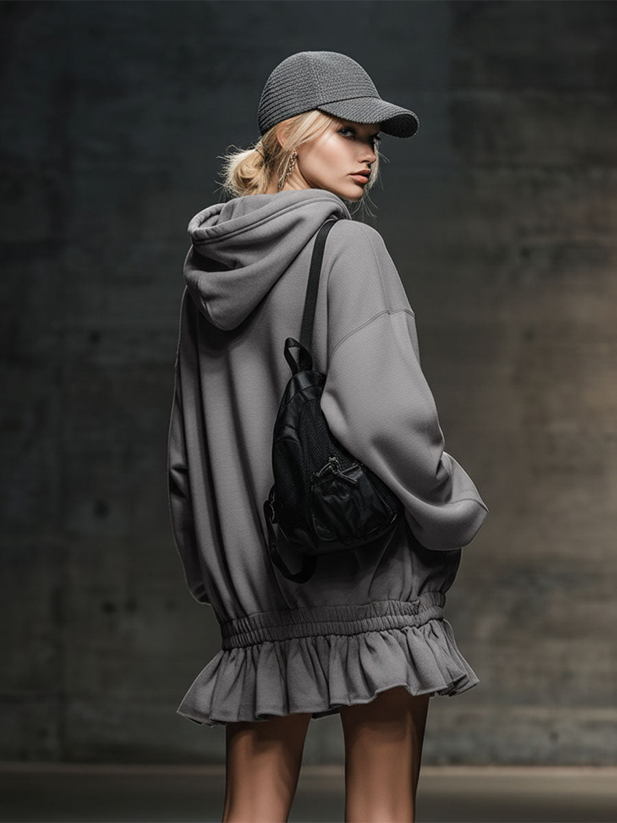 Casual And Fashionable Hooded Elastic Hem Gray Sweatshirt Mini Dress - By Qivii