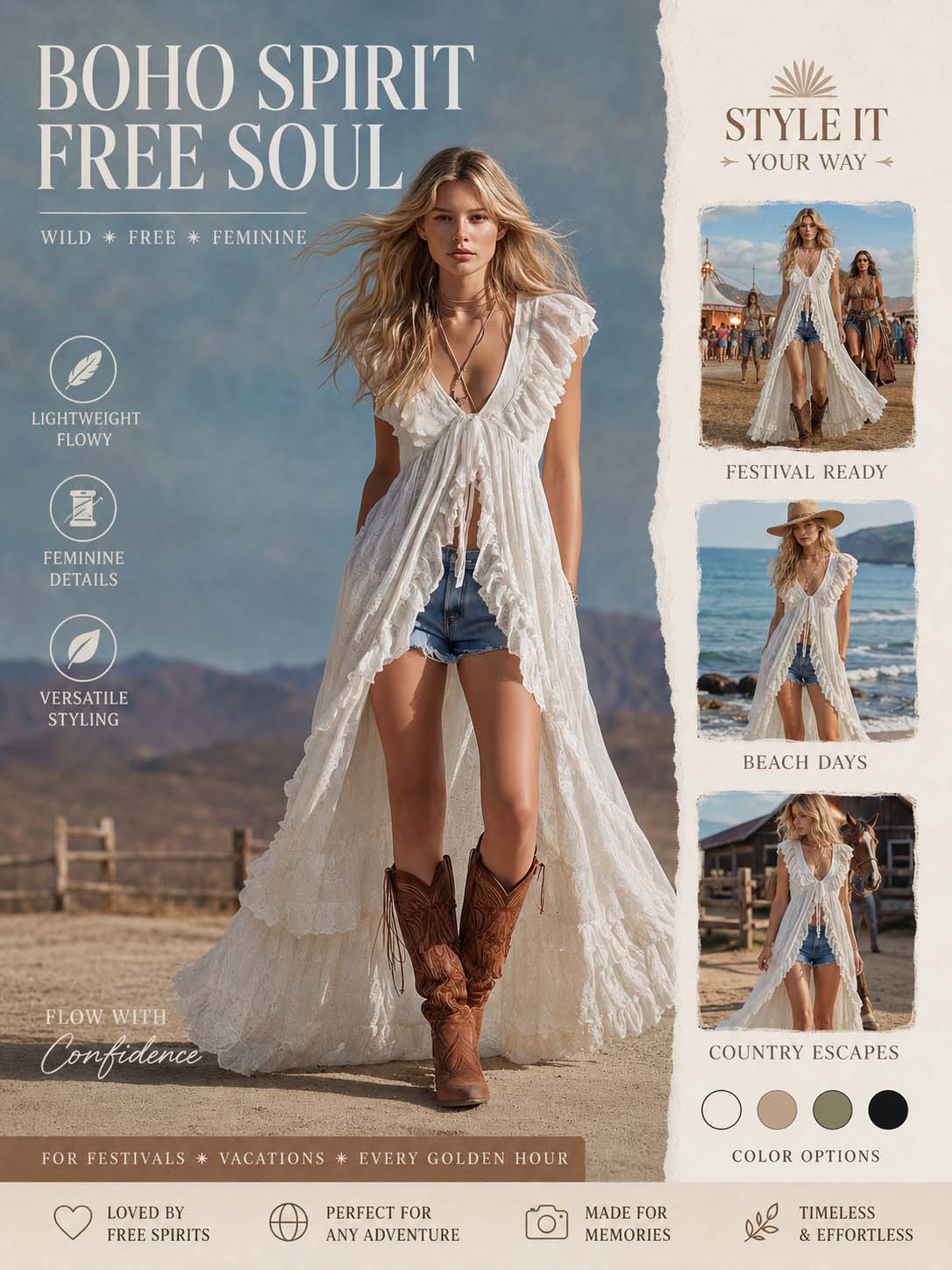 Elowen Lace Boho Maxi Duster Dress Ethereal Desert Goddess Statement Style - By Qivii