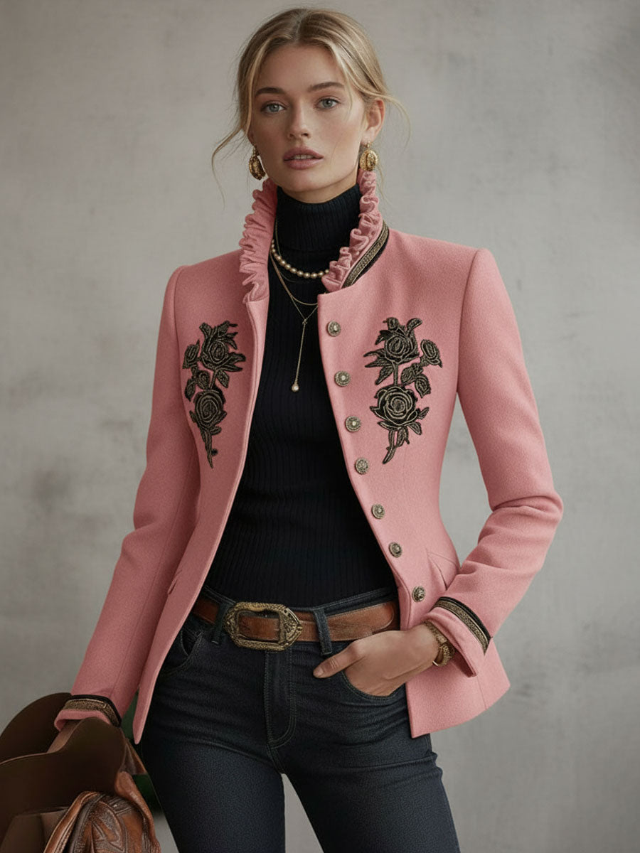 Ruffled Stand-up Collar Single-breasted Rose Embroidered Jacket - By Qivii