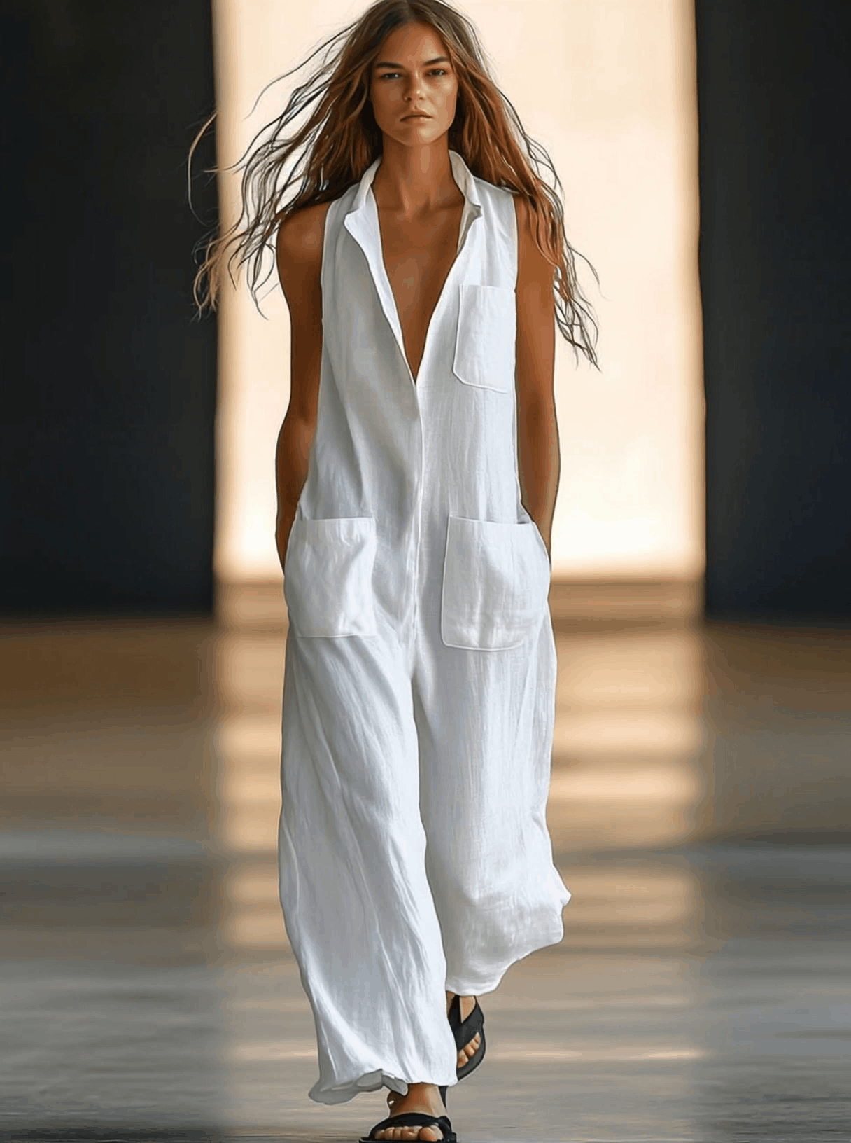Casual Loose Retro White Breathable Linen Sleeveless Wide Leg Pants Jumpsuit - By Qivii