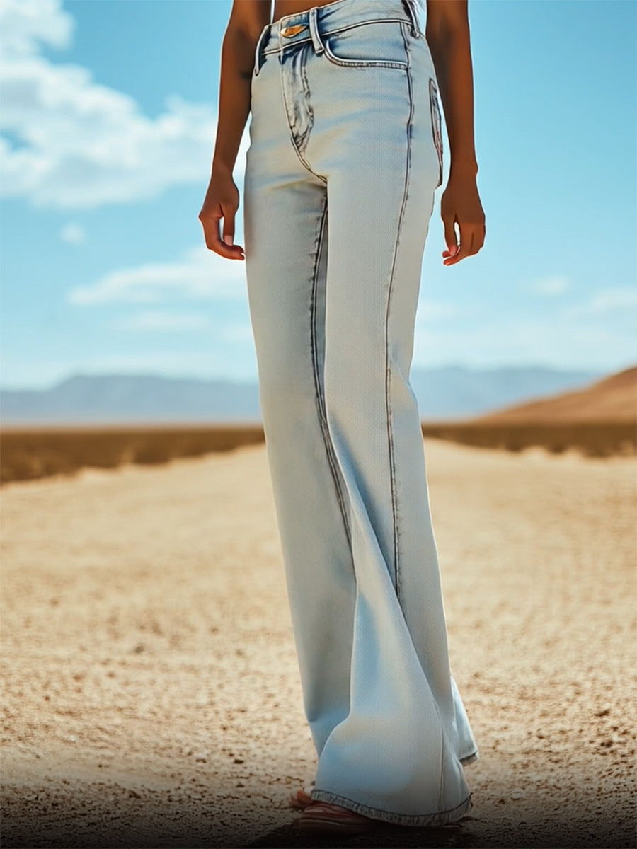 Vintage Back Pocket Star Embroidery Denim Flared Pants - By Qivii